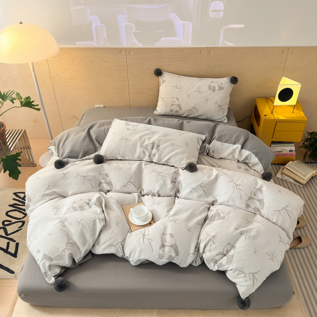 91家纺网 家纺一手货源 找家纺 丽涵家纺 2026春夏新款全棉纯棉水洗纱布提花四件套-竹韵熊猫 竹韵熊猫-灰