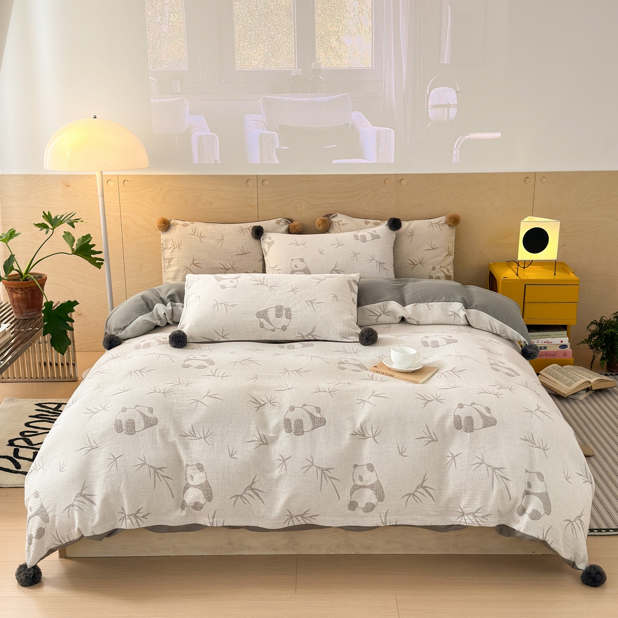 91家纺网 家纺一手货源 找家纺 丽涵家纺 2026春夏新款全棉纯棉水洗纱布提花四件套-竹韵熊猫 竹韵熊猫-灰