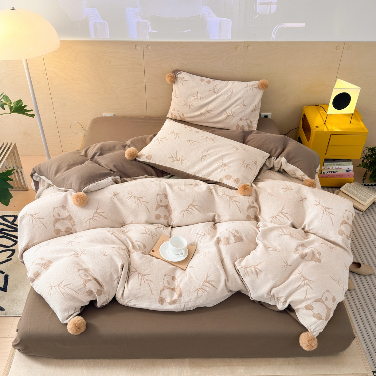 91家纺网 家纺一手货源 找家纺 丽涵家纺 2026春夏新款全棉纯棉水洗纱布提花四件套-竹韵熊猫 竹韵熊猫-棕