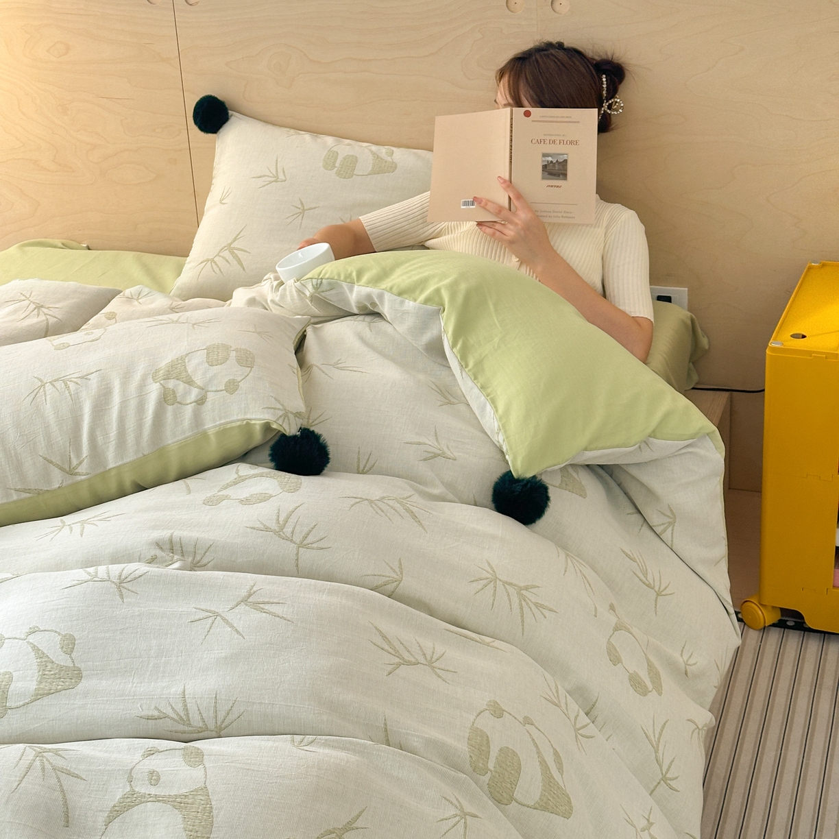 91家纺网 家纺一手货源 找家纺 丽涵家纺 2026春夏新款全棉纯棉水洗纱布提花四件套-竹韵熊猫 竹韵熊猫-绿