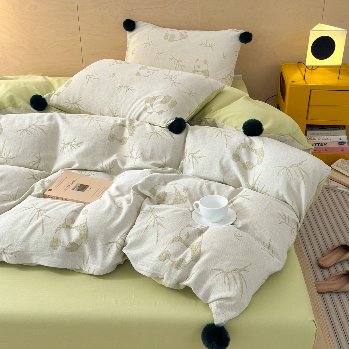 91家纺网 家纺一手货源 找家纺 丽涵家纺 2026春夏新款全棉纯棉水洗纱布提花四件套-竹韵熊猫 竹韵熊猫-绿