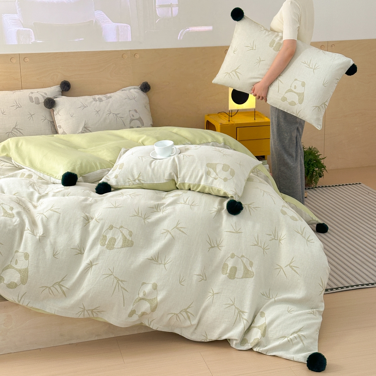 91家纺网 家纺一手货源 找家纺 丽涵家纺 2026春夏新款全棉纯棉水洗纱布提花四件套-竹韵熊猫 竹韵熊猫-绿