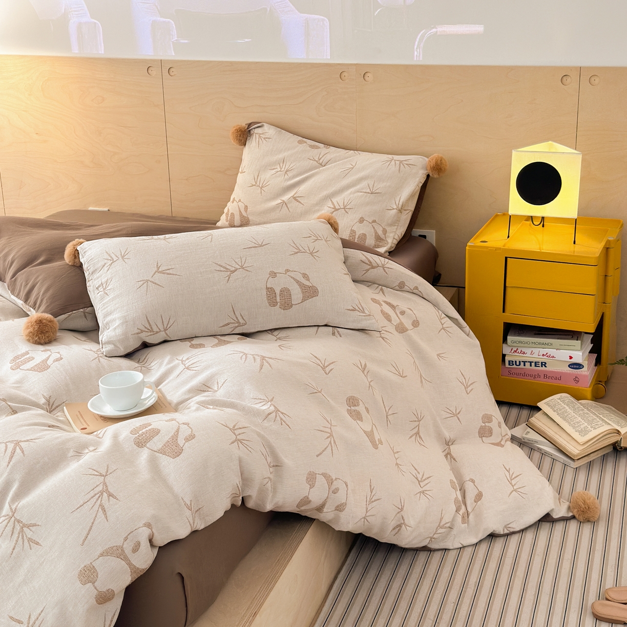 91家纺网 家纺一手货源 找家纺 丽涵家纺 2026春夏新款全棉纯棉水洗纱布提花四件套-竹韵熊猫 竹韵熊猫-棕