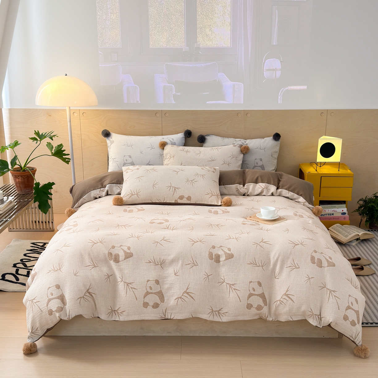 91家纺网 家纺一手货源 找家纺 丽涵家纺 2026春夏新款全棉纯棉水洗纱布提花四件套-竹韵熊猫 竹韵熊猫-棕