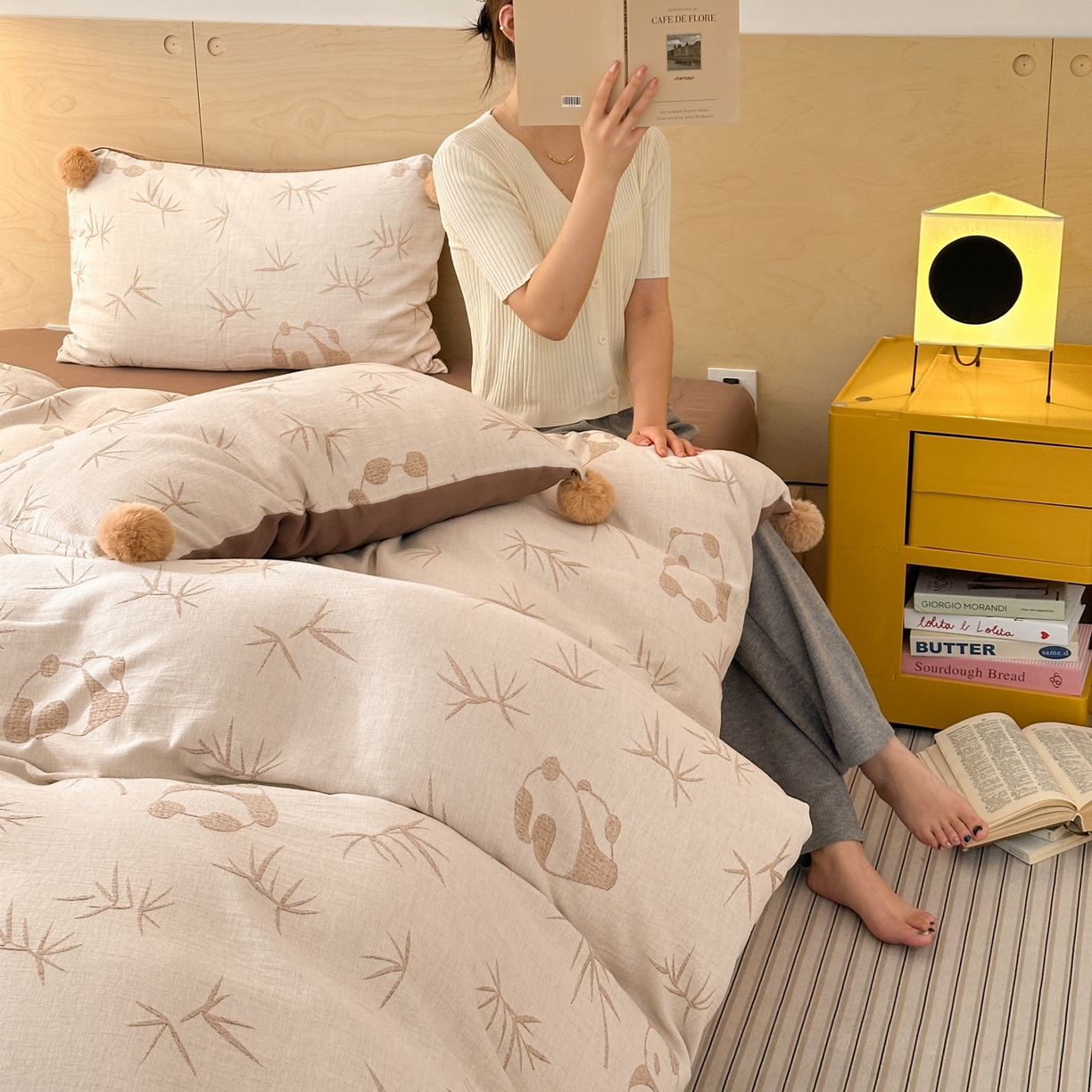 91家纺网 家纺一手货源 找家纺 丽涵家纺 2026春夏新款全棉纯棉水洗纱布提花四件套-竹韵熊猫 竹韵熊猫-棕