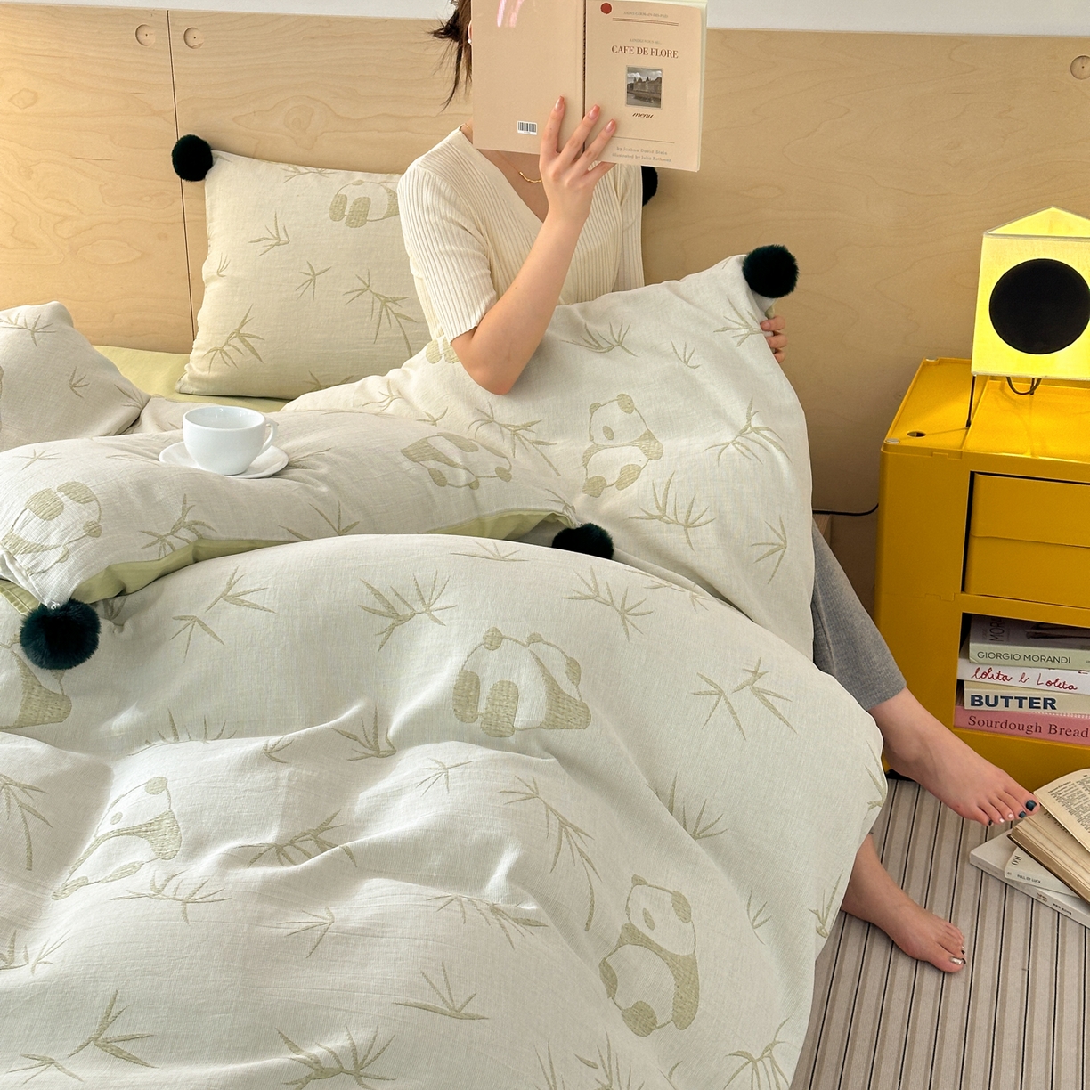 91家纺网 家纺一手货源 找家纺 丽涵家纺 2026春夏新款全棉纯棉水洗纱布提花四件套-竹韵熊猫 竹韵熊猫-绿