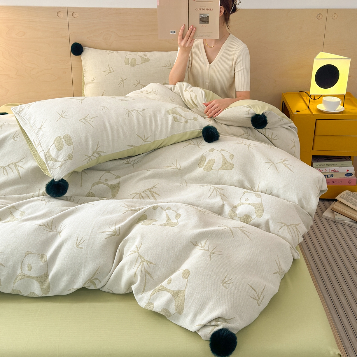 91家纺网 家纺一手货源 找家纺 丽涵家纺 2026春夏新款全棉纯棉水洗纱布提花四件套-竹韵熊猫 竹韵熊猫-绿