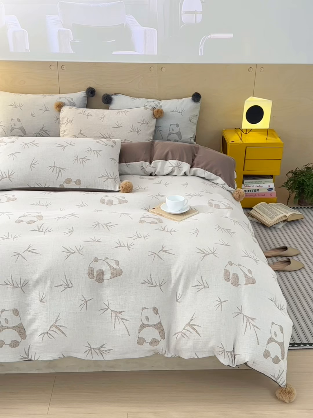 91家纺网 家纺一手货源 找家纺 丽涵家纺 2026春夏新款全棉纯棉水洗纱布提花四件套-竹韵熊猫 竹韵熊猫-棕