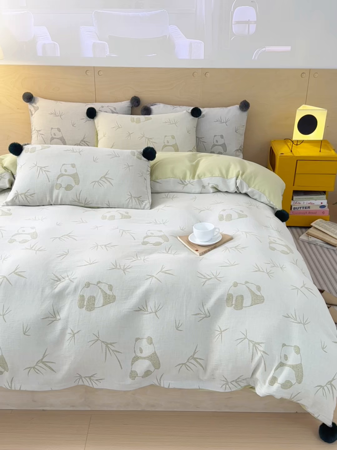 91家纺网 家纺一手货源 找家纺 丽涵家纺 2026春夏新款全棉纯棉水洗纱布提花四件套-竹韵熊猫 竹韵熊猫-绿