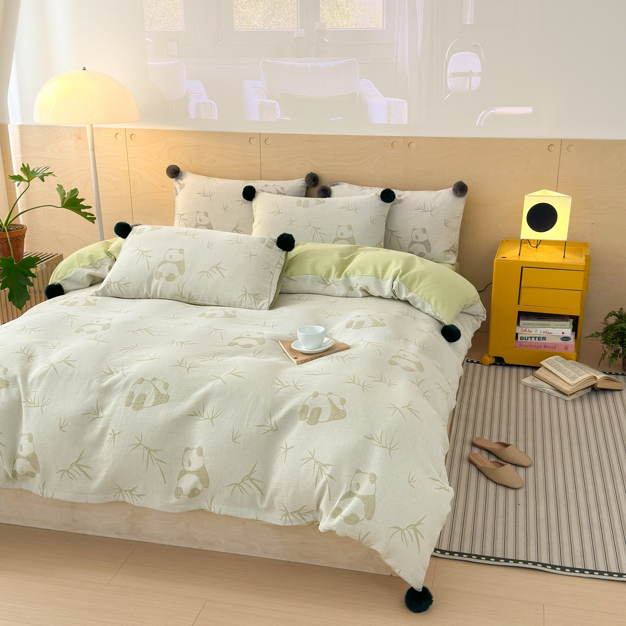 91家纺网 家纺一手货源 找家纺 （总）丽涵家纺 2026春夏新款全棉纯棉水洗纱布提花四件套-竹韵熊猫