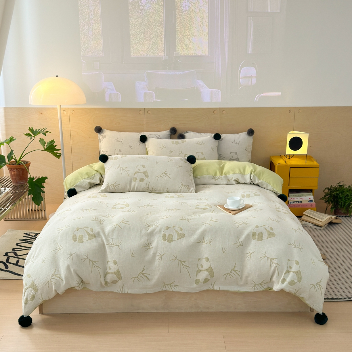 91家纺网 家纺一手货源 找家纺 （总）丽涵家纺 2026春夏新款全棉纯棉水洗纱布提花四件套-竹韵熊猫