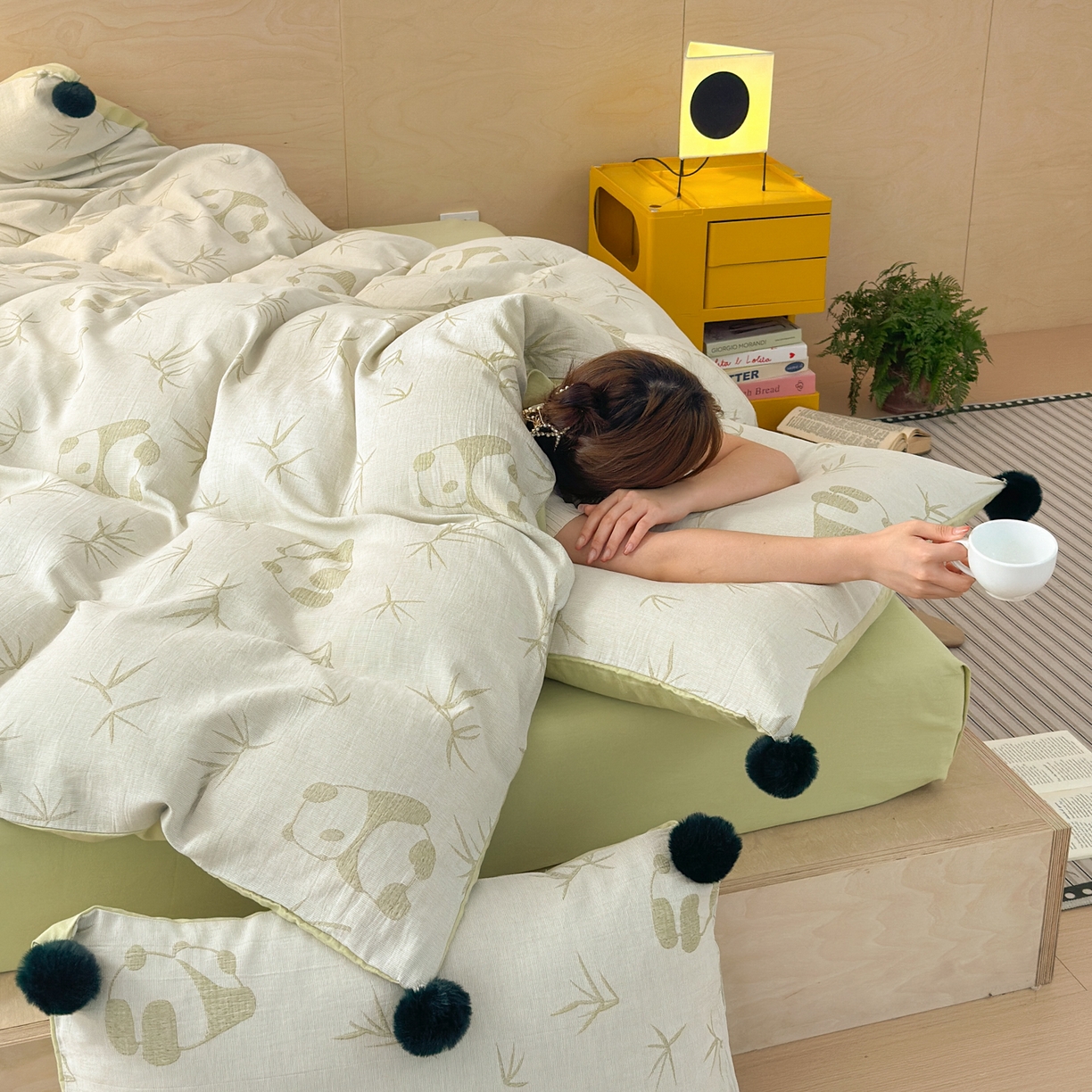 91家纺网 家纺一手货源 找家纺 （总）丽涵家纺 2026春夏新款全棉纯棉水洗纱布提花四件套-竹韵熊猫