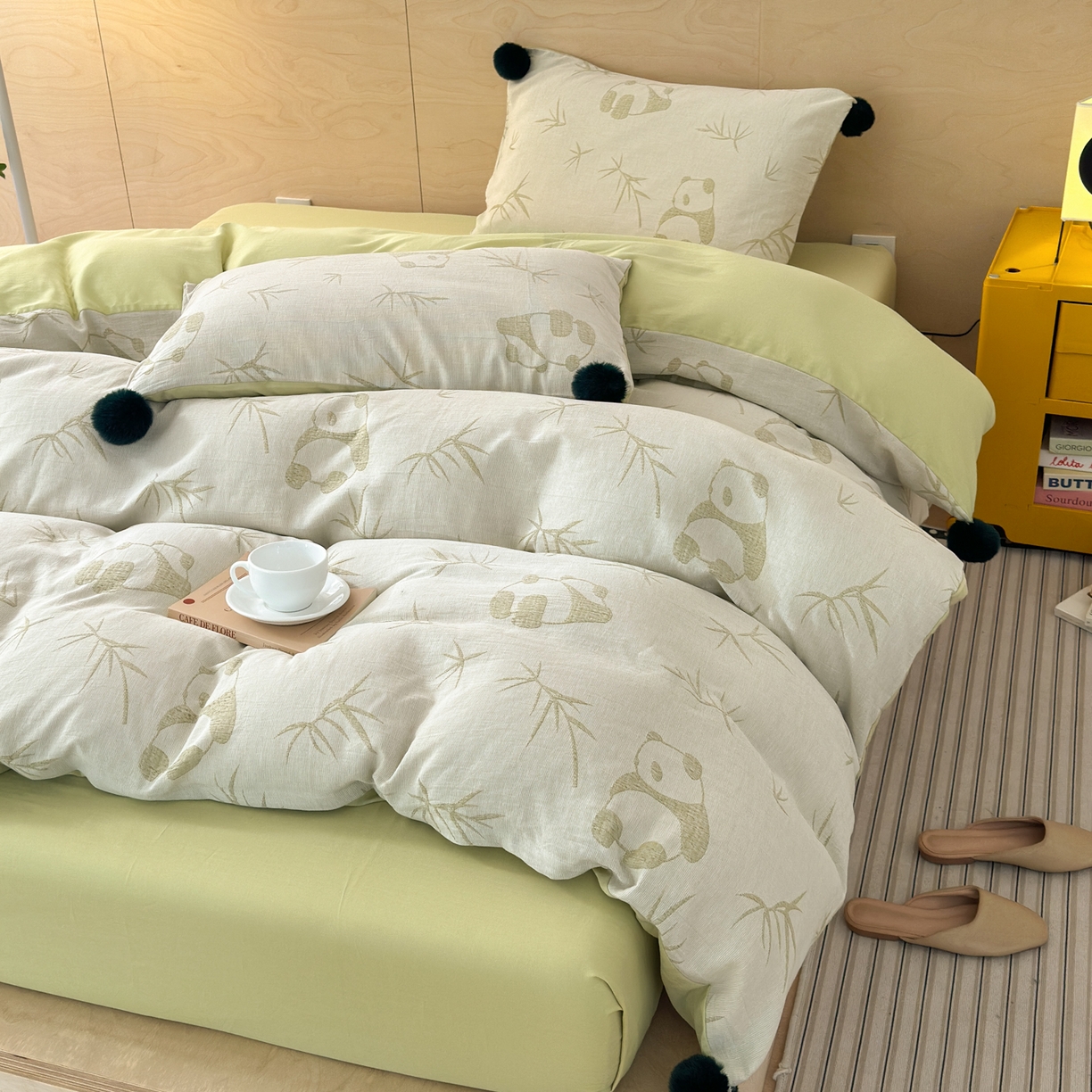 91家纺网 家纺一手货源 找家纺 （总）丽涵家纺 2026春夏新款全棉纯棉水洗纱布提花四件套-竹韵熊猫