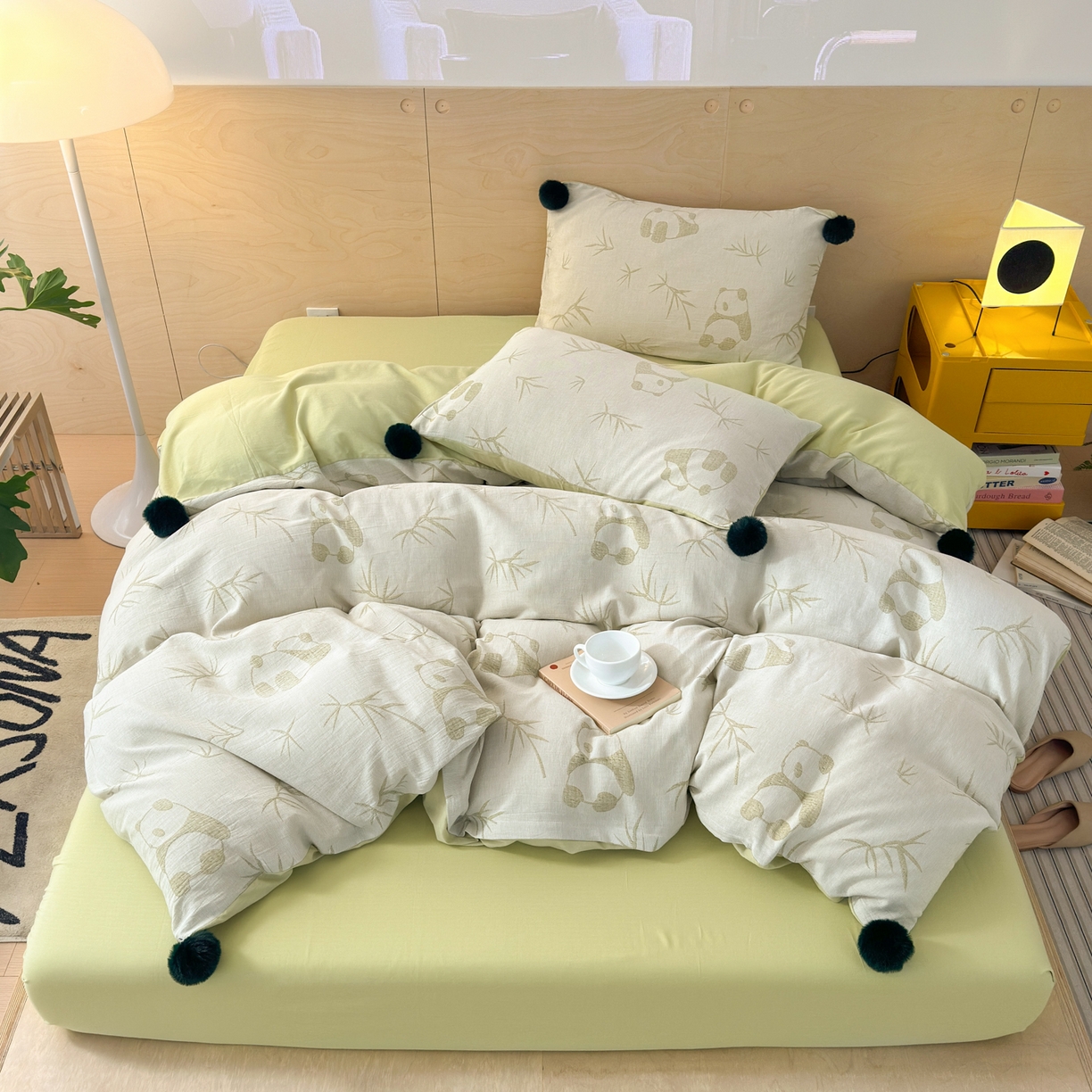 91家纺网 家纺一手货源 找家纺 （总）丽涵家纺 2026春夏新款全棉纯棉水洗纱布提花四件套-竹韵熊猫