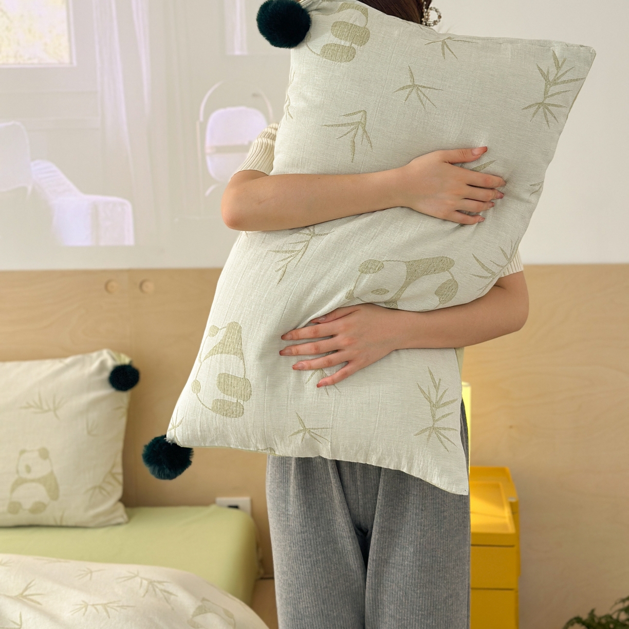 91家纺网 家纺一手货源 找家纺 （总）丽涵家纺 2026春夏新款全棉纯棉水洗纱布提花四件套-竹韵熊猫