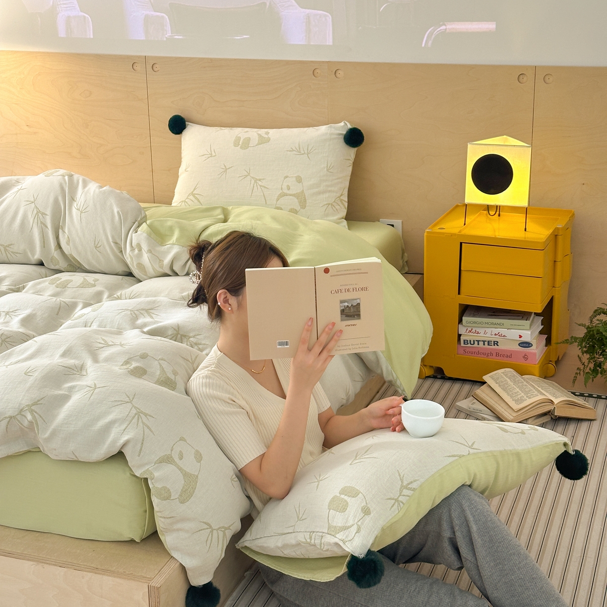 91家纺网 家纺一手货源 找家纺 （总）丽涵家纺 2026春夏新款全棉纯棉水洗纱布提花四件套-竹韵熊猫