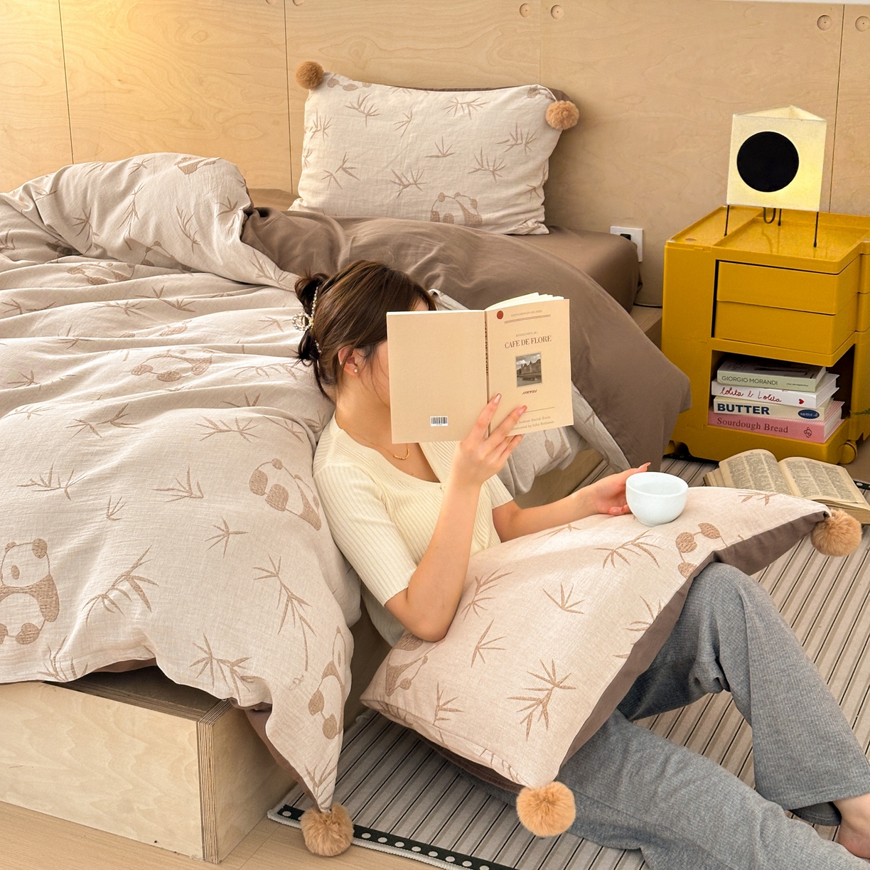 91家纺网 家纺一手货源 找家纺 （总）丽涵家纺 2026春夏新款全棉纯棉水洗纱布提花四件套-竹韵熊猫