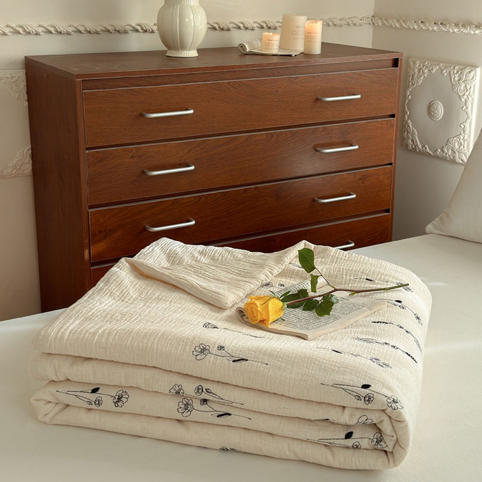 91家纺网 家纺一手货源 找家纺 木楌家居 2026新款棉麻皱皱纱刺绣款夏被-棉野序章系列 墨绘花影