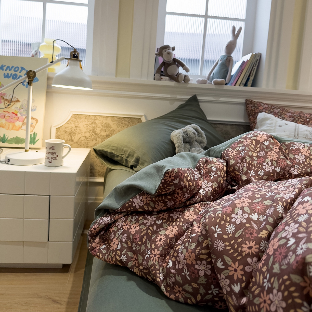 91家纺网 家纺一手货源 找家纺 呗旺鹿 2026新款春暖花开之全棉纯棉双层纱花草法式四件套 花野绮境棕