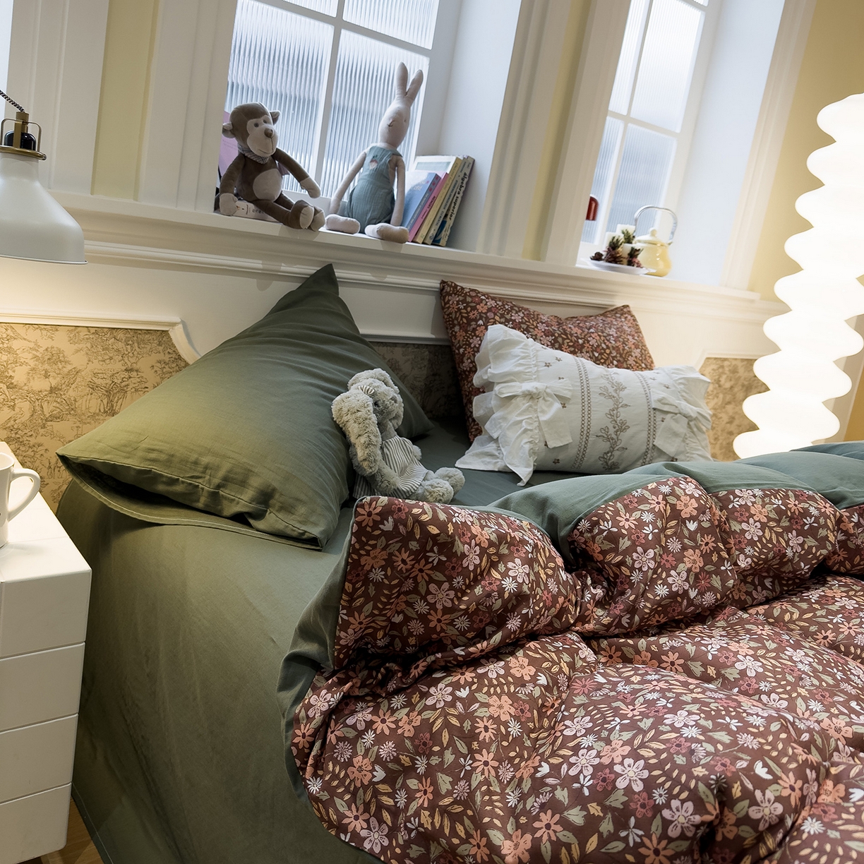 91家纺网 家纺一手货源 找家纺 呗旺鹿 2026新款春暖花开之全棉纯棉双层纱花草法式四件套 花野绮境棕