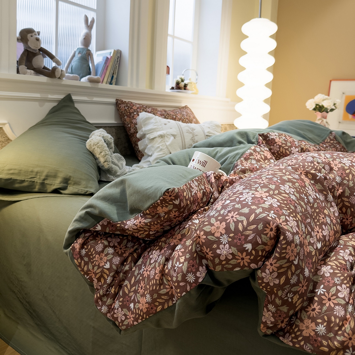 91家纺网 家纺一手货源 找家纺 呗旺鹿 2026新款春暖花开之全棉纯棉双层纱花草法式四件套 花野绮境棕