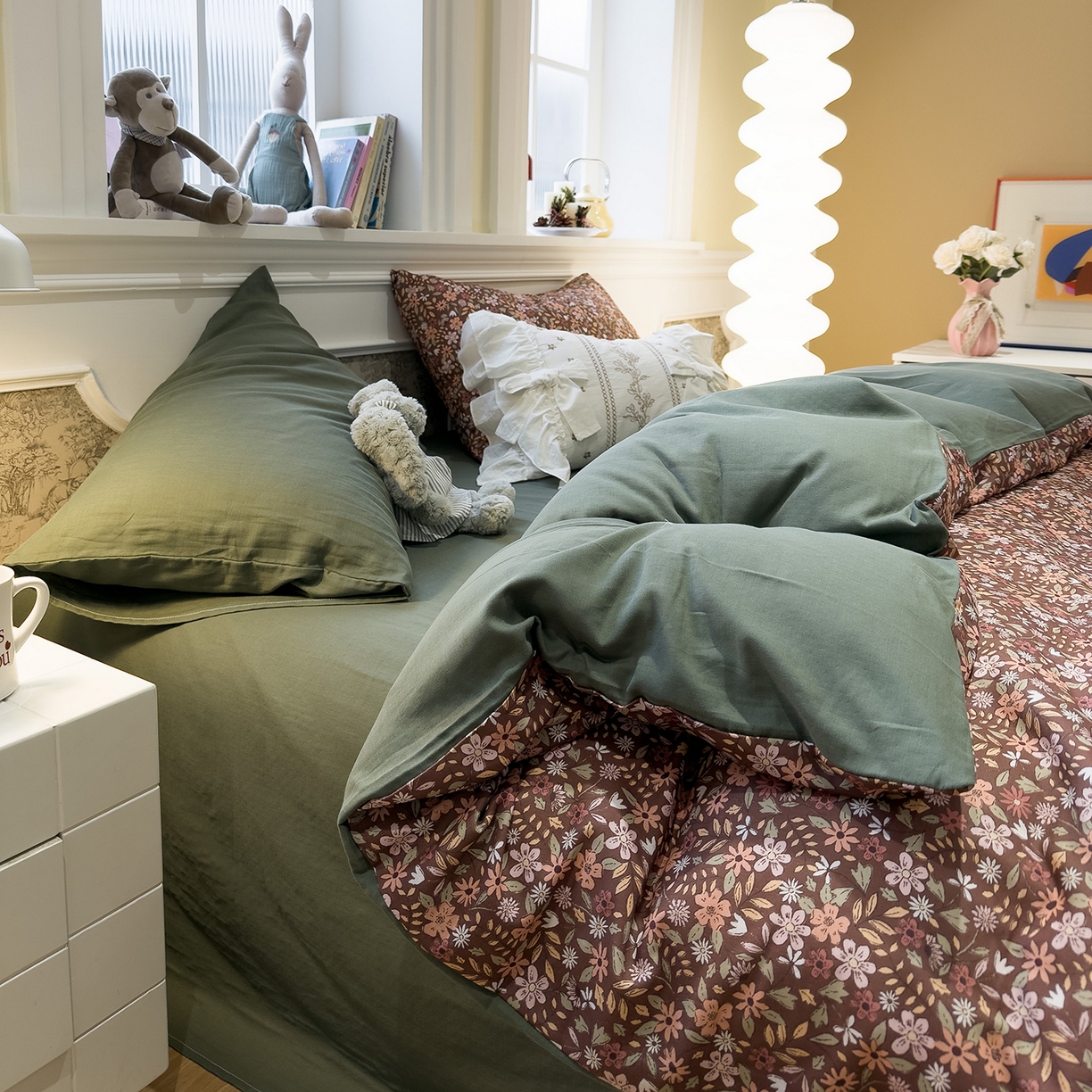 91家纺网 家纺一手货源 找家纺 呗旺鹿 2026新款春暖花开之全棉纯棉双层纱花草法式四件套 花野绮境棕