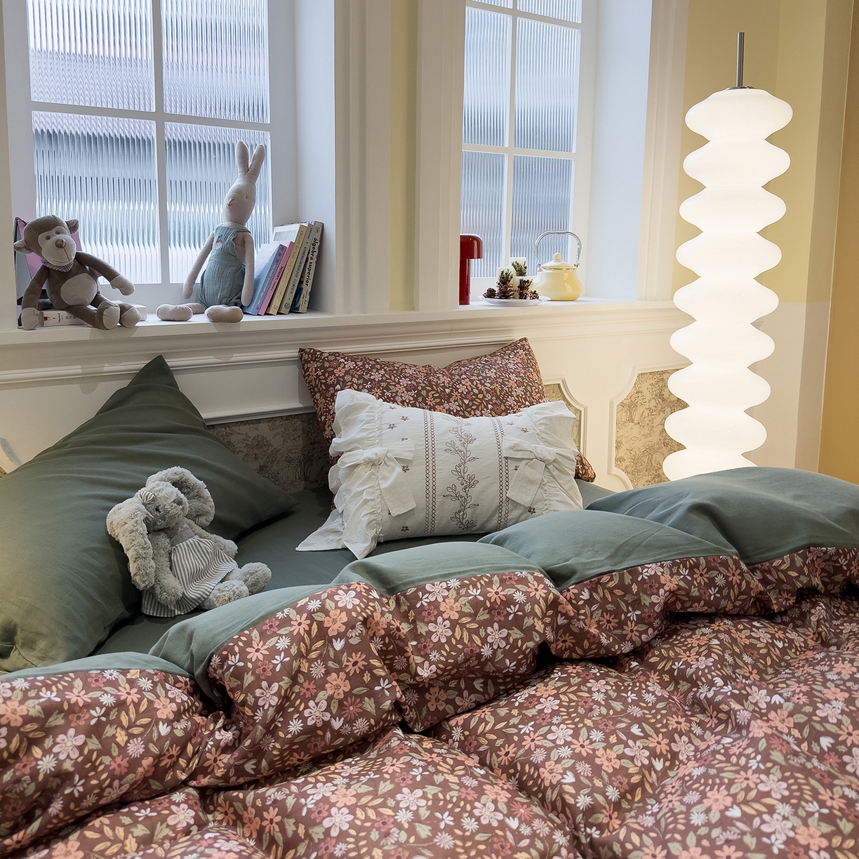 91家纺网 家纺一手货源 找家纺 呗旺鹿 2026新款春暖花开之全棉纯棉双层纱花草法式四件套 花野绮境棕