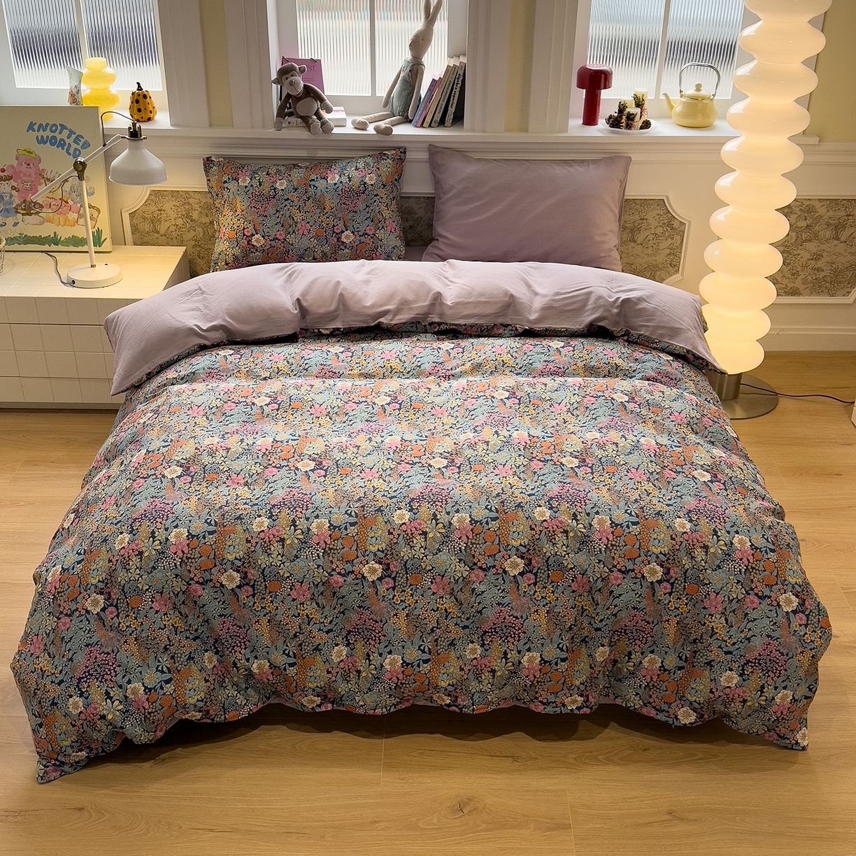 91家纺网 家纺一手货源 找家纺 呗旺鹿 2026新款春暖花开之全棉纯棉双层纱花草法式四件套 繁花谧园藏青