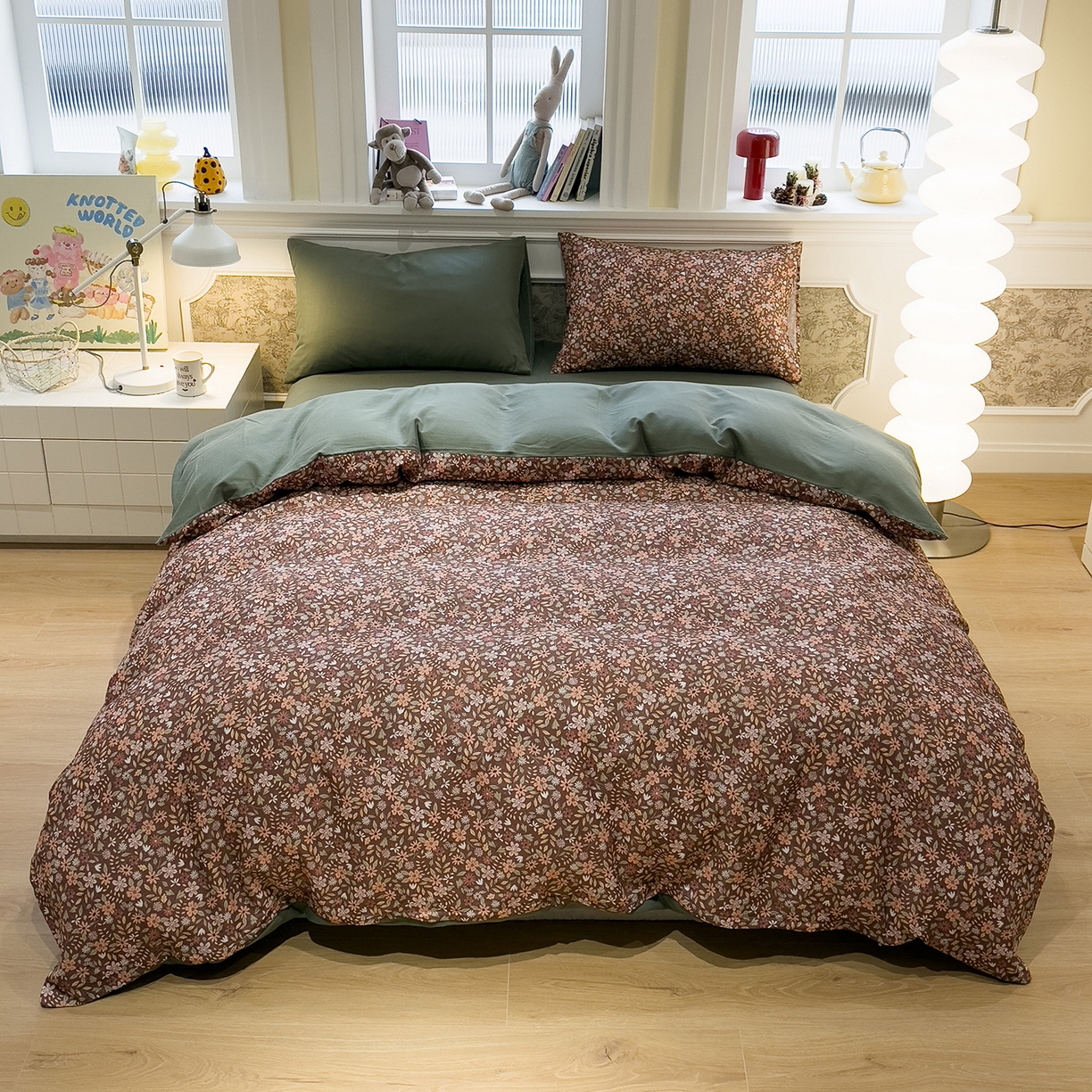 91家纺网 家纺一手货源 找家纺 呗旺鹿 2026新款春暖花开之全棉纯棉双层纱花草法式四件套 花野绮境棕