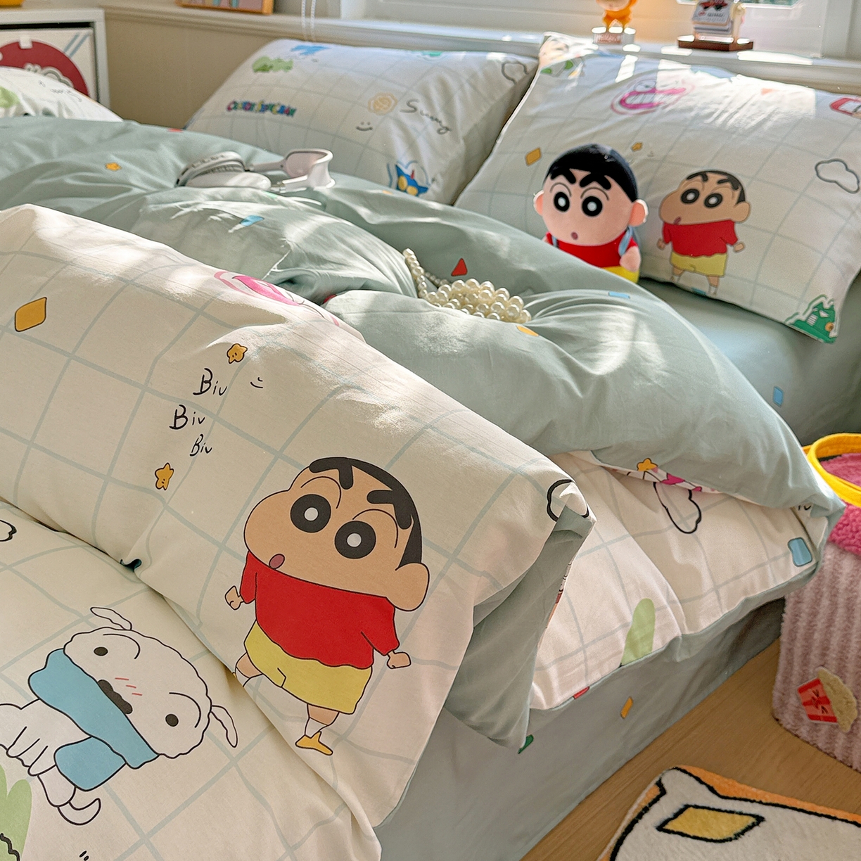 91家纺网 家纺一手货源 找家纺 耀悦家纺 2026新款卡通蜡笔小新正版授权全棉纯棉四件套 休闲小新