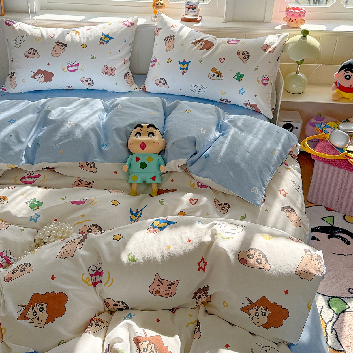 91家纺网 家纺一手货源 找家纺 耀悦家纺 2026新款卡通蜡笔小新正版授权全棉纯棉四件套 幸运小新