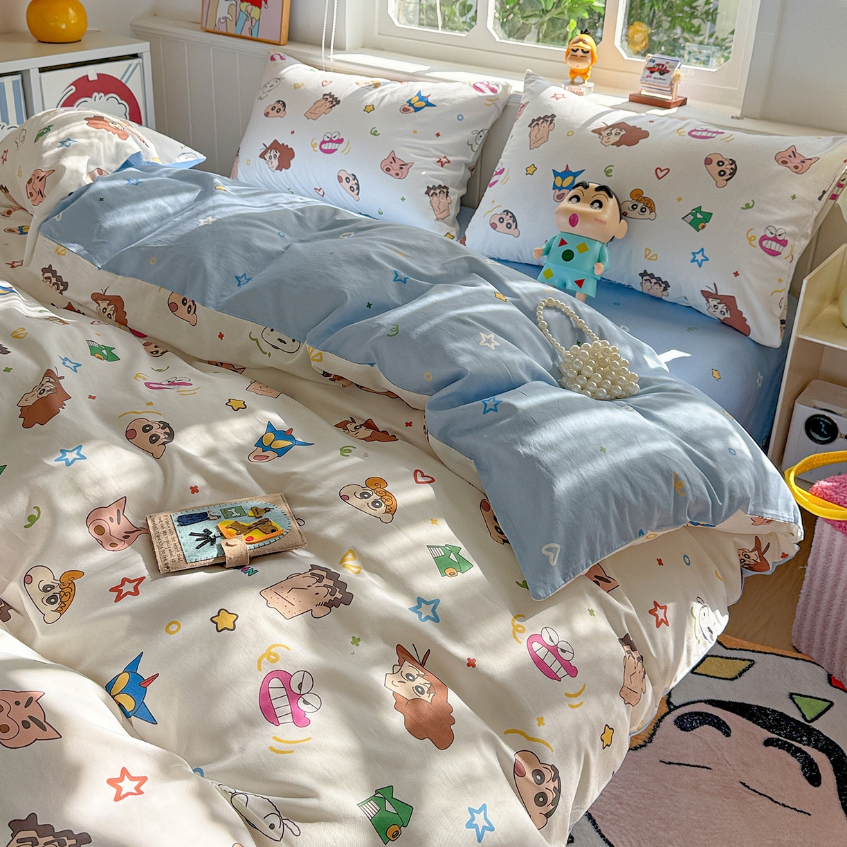 91家纺网 家纺一手货源 找家纺 耀悦家纺 2026新款卡通蜡笔小新正版授权全棉纯棉四件套 幸运小新