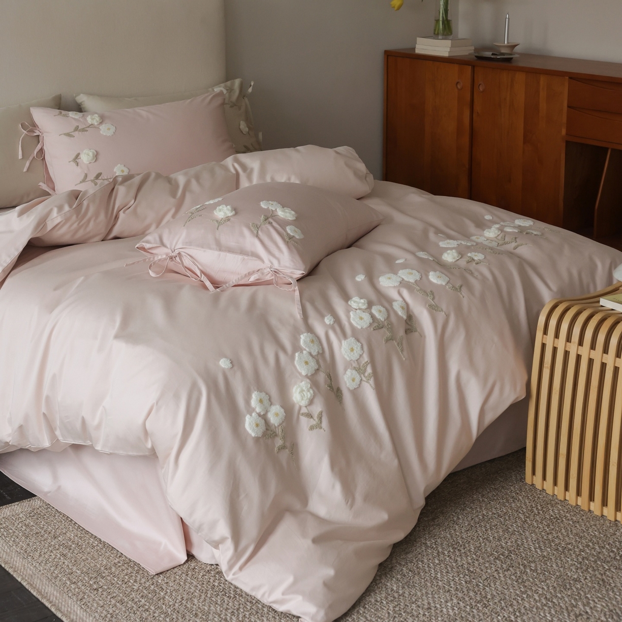 91家纺网 家纺一手货源 找家纺 初拾 2026春夏新款贡缎全棉纯棉马海毛钩花“氛围感”毛巾绣—少女心事 控价： 日常券后不低于368元 会员减20 少女心事-浅樱粉