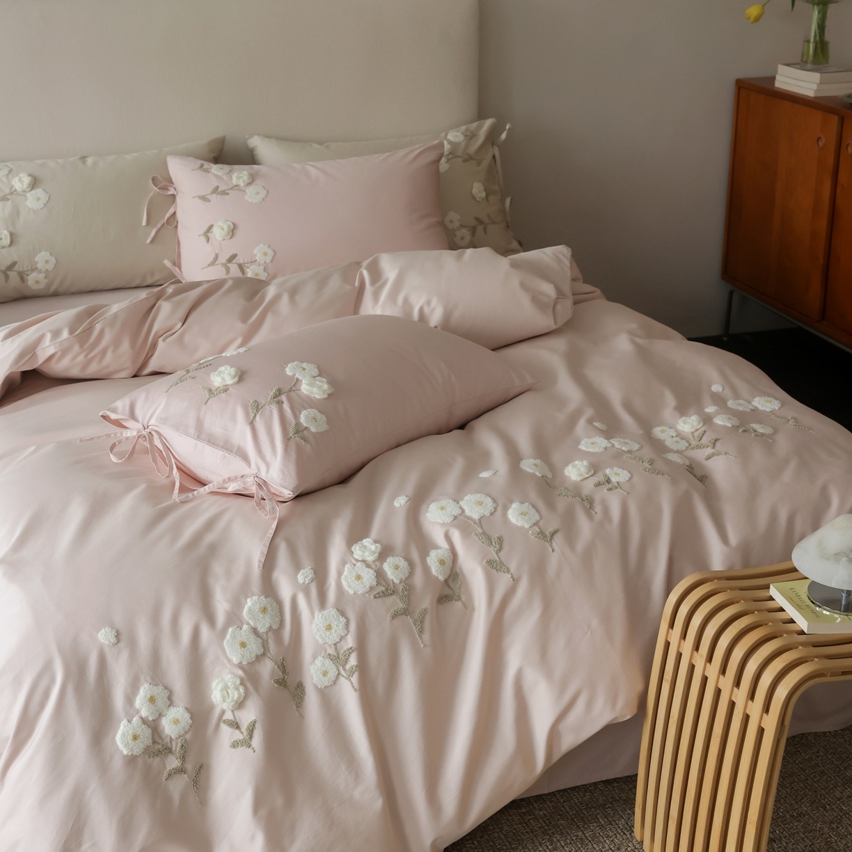 91家纺网 家纺一手货源 找家纺 初拾 2026春夏新款贡缎全棉纯棉马海毛钩花“氛围感”毛巾绣—少女心事 控价： 日常券后不低于368元 会员减20 少女心事-浅樱粉