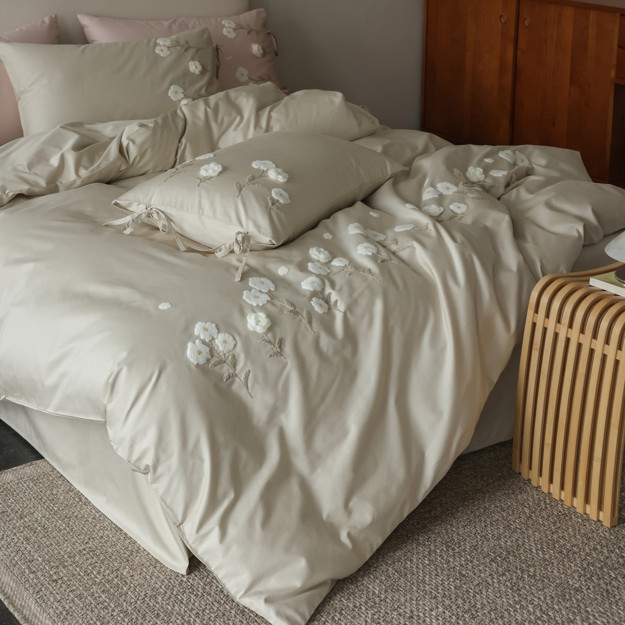 91家纺网 家纺一手货源 找家纺 初拾 2026春夏新款贡缎全棉纯棉马海毛钩花“氛围感”毛巾绣—少女心事 控价： 日常券后不低于368元 会员减20 少女心事-奶油绿