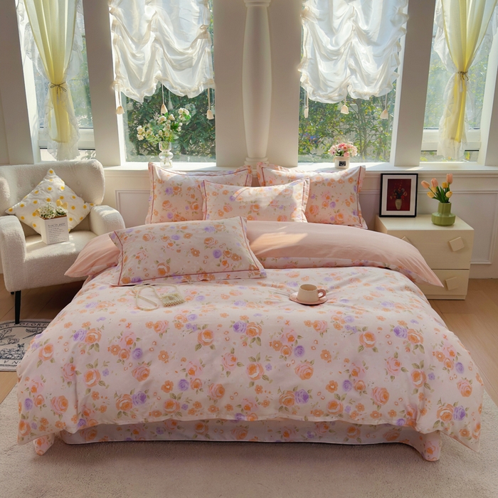 91家纺网 家纺一手货源 找家纺 铭博家纺 新款直播爆款网红全棉四件套13070印花吊边一字绣纯棉被套工艺款 浮云花浔