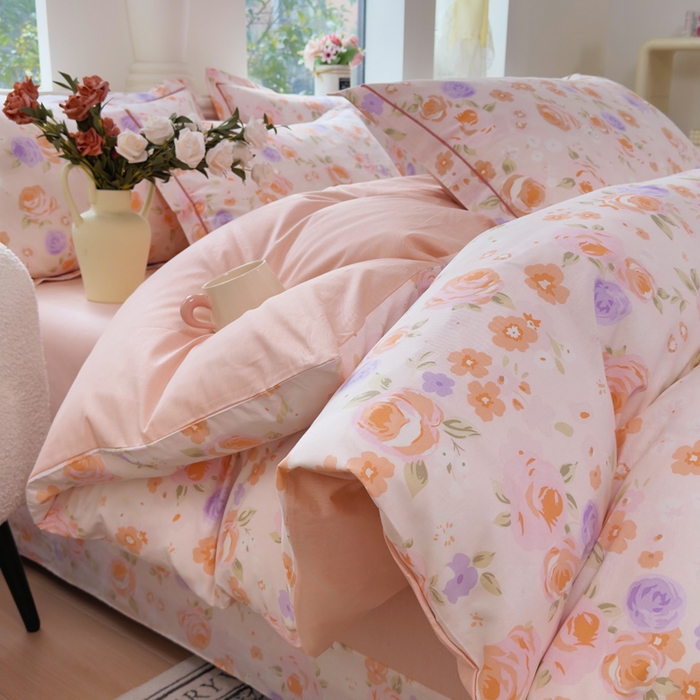 铭博家纺 新款直播爆款网红全棉四件套13070印花吊边一字绣纯棉被套工艺款 浮云花浔