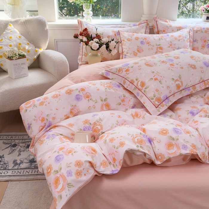 91家纺网 家纺一手货源 找家纺 铭博家纺 新款直播爆款网红全棉四件套13070印花吊边一字绣纯棉被套工艺款 浮云花浔