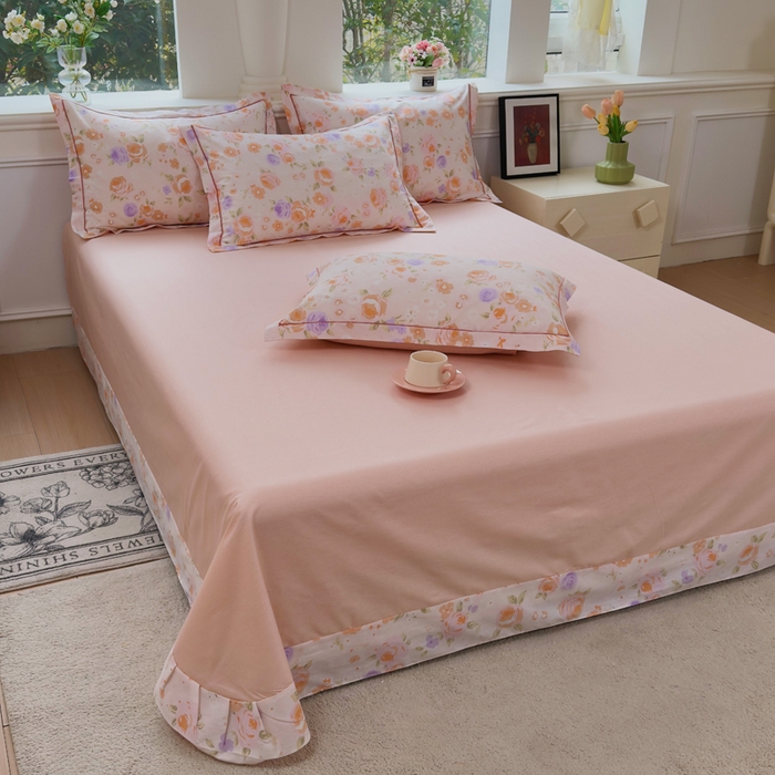 91家纺网 家纺一手货源 找家纺 铭博家纺 新款直播爆款网红全棉四件套13070印花吊边一字绣纯棉被套工艺款 浮云花浔