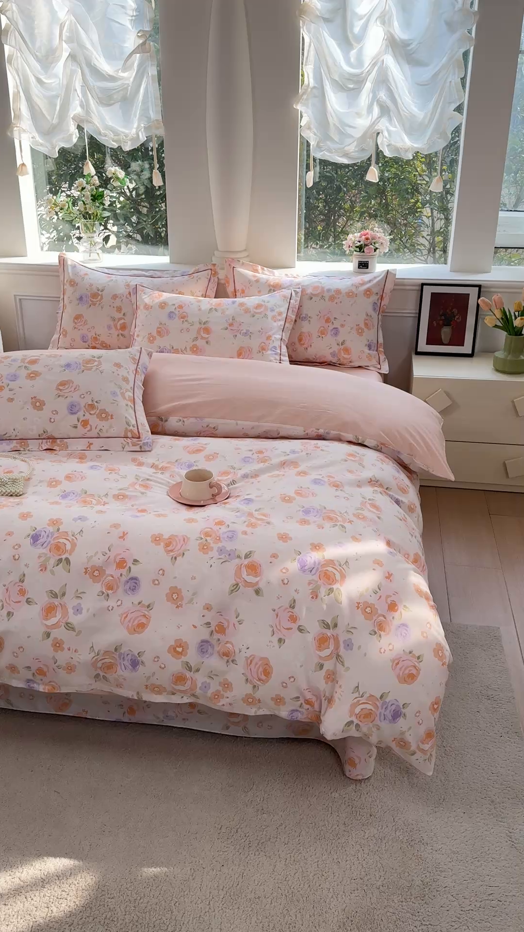 91家纺网 家纺一手货源 找家纺 铭博家纺 新款直播爆款网红全棉四件套13070印花吊边一字绣纯棉被套工艺款 浮云花浔