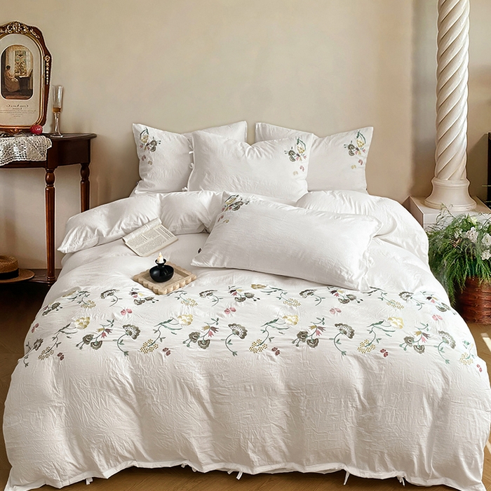 91家纺网 家纺一手货源 找家纺 （总）yyds网供 2026新款复古刺绣绑带款水洗棉四件套三件套仿全棉纯棉汉麻被套A类高克重-蝶舞系列