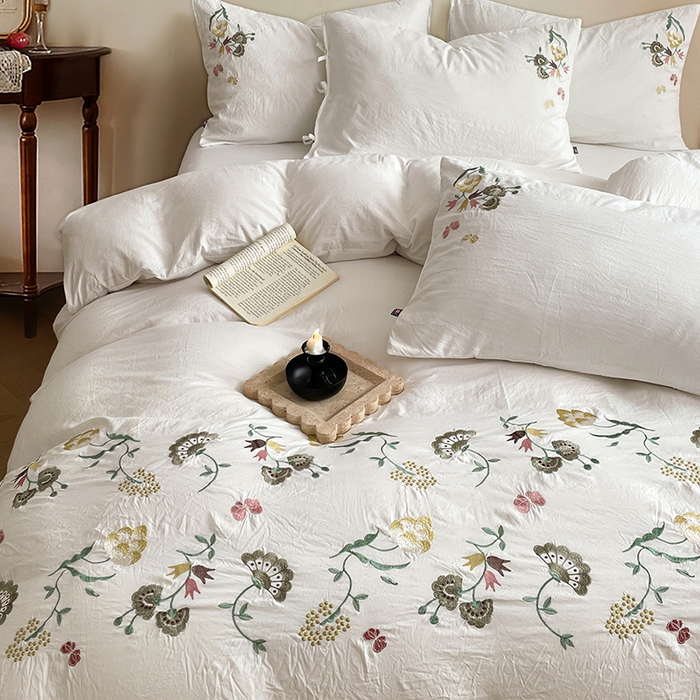 91家纺网 家纺一手货源 找家纺 （总）yyds网供 2026新款复古刺绣绑带款水洗棉四件套三件套仿全棉纯棉汉麻被套A类高克重-蝶舞系列