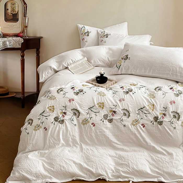 91家纺网 家纺一手货源 找家纺 （总）yyds网供 2026新款复古刺绣绑带款水洗棉四件套三件套仿全棉纯棉汉麻被套A类高克重-蝶舞系列