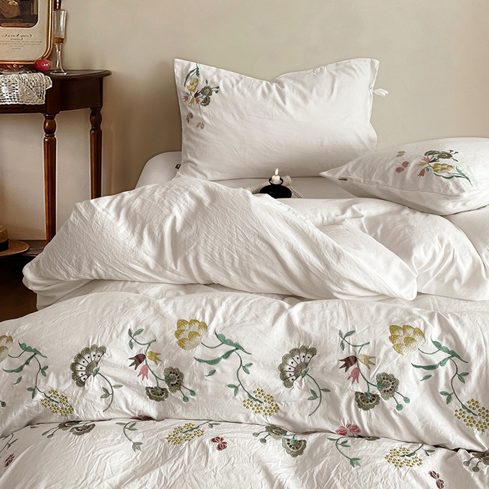 91家纺网 家纺一手货源 找家纺 （总）yyds网供 2026新款复古刺绣绑带款水洗棉四件套三件套仿全棉纯棉汉麻被套A类高克重-蝶舞系列