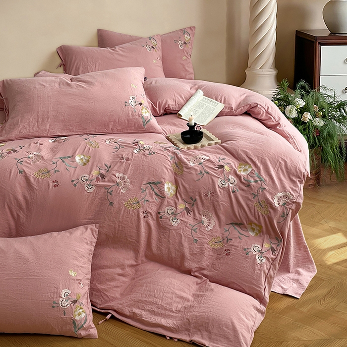 91家纺网 家纺一手货源 找家纺 （总）yyds网供 2026新款复古刺绣绑带款水洗棉四件套三件套仿全棉纯棉汉麻被套A类高克重-蝶舞系列