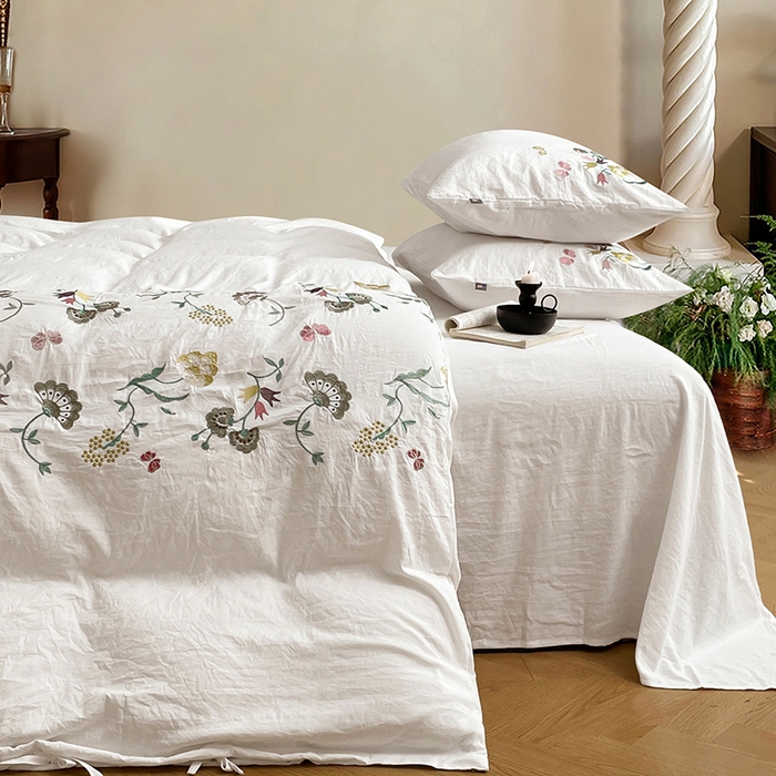 91家纺网 家纺一手货源 找家纺 yyds网供 2026新款复古刺绣绑带款水洗棉四件套三件套仿全棉纯棉汉麻被套A类高克重-蝶舞系列 绑带款蝶舞-本白