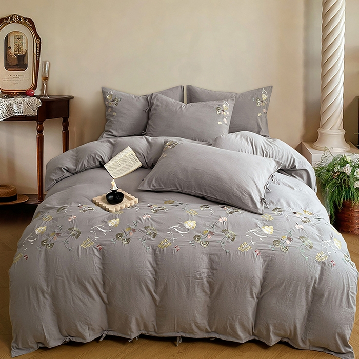 91家纺网 家纺一手货源 找家纺 yyds网供 2026新款复古刺绣绑带款水洗棉四件套三件套仿全棉纯棉汉麻被套A类高克重-蝶舞系列 绑带款蝶舞-麻灰