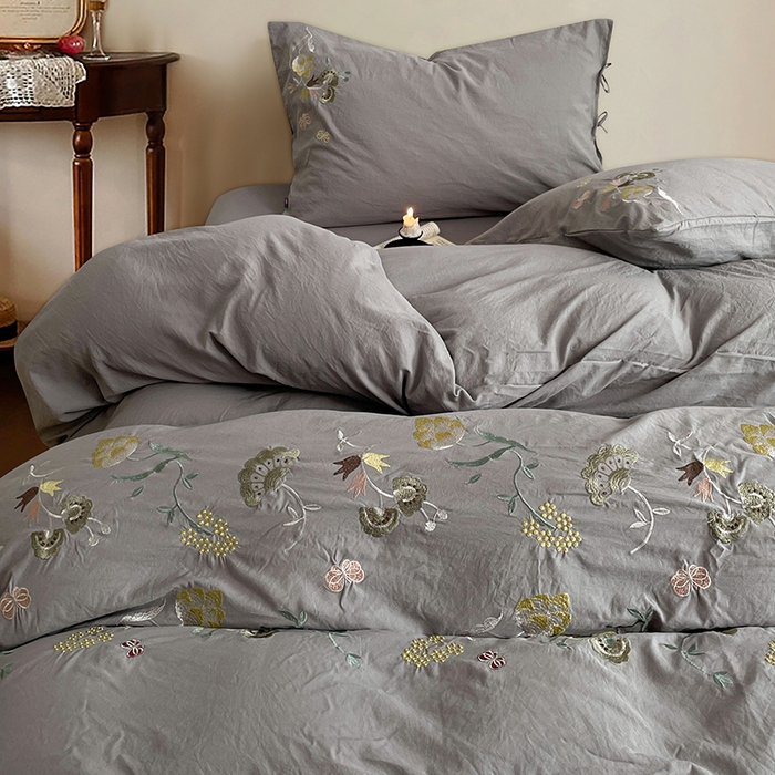 91家纺网 家纺一手货源 找家纺 yyds网供 2026新款复古刺绣绑带款水洗棉四件套三件套仿全棉纯棉汉麻被套A类高克重-蝶舞系列 绑带款蝶舞-麻灰