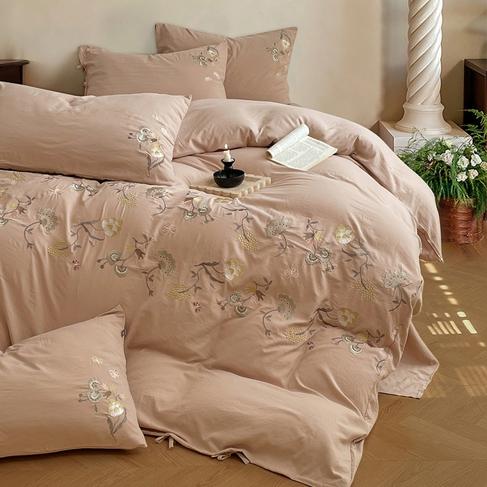 yyds网供 2026新款复古刺绣绑带款水洗棉四件套三件套仿全棉纯棉汉麻被套A类高克重-蝶舞系列 绑带款蝶舞-素咖