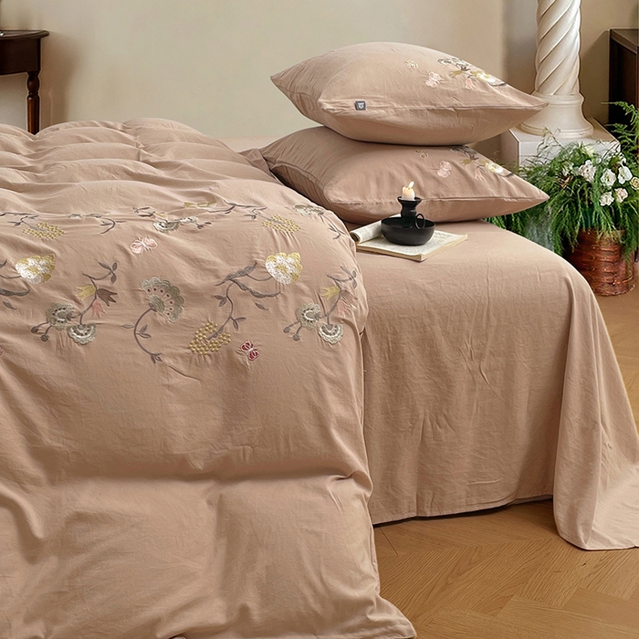 91家纺网 家纺一手货源 找家纺 yyds网供 2026新款复古刺绣绑带款水洗棉四件套三件套仿全棉纯棉汉麻被套A类高克重-蝶舞系列 绑带款蝶舞-素咖